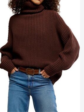 Free People Chocolate “Bitter Bark” Brown Chunky Turtleneck Sweater